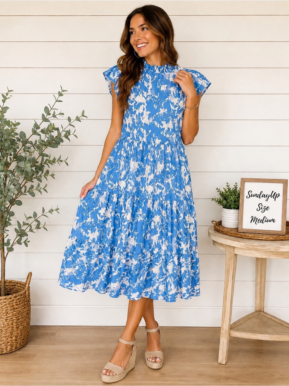 💙 SundayUp Blue White Abstract Tiered Midi Dress Size Medium